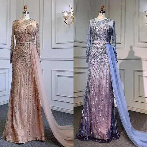 Robe de soirée sirène dorée élégante et luxueuse à perles, style Dubaï, pour femmes musulmanes, tenue de mariage, 2025, LA71429 