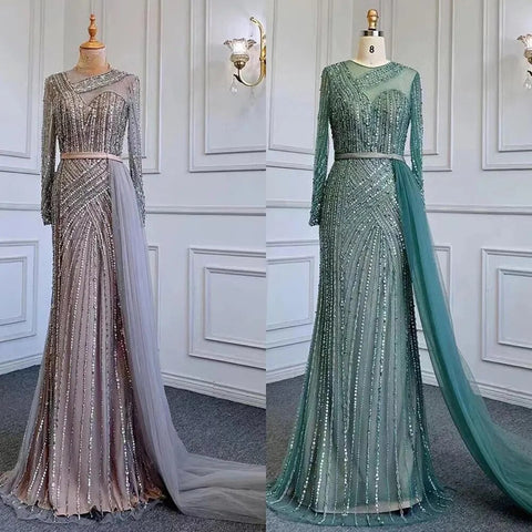 Robe de soirée sirène dorée élégante et luxueuse à perles, style Dubaï, pour femmes musulmanes, tenue de mariage, 2025, LA71429 