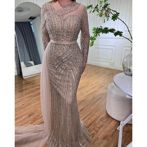 Robe de soirée sirène dorée élégante et luxueuse à perles, style Dubaï, pour femmes musulmanes, tenue de mariage, 2025, LA71429 