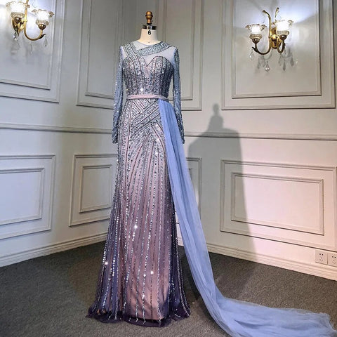 Robe de soirée sirène dorée élégante et luxueuse à perles, style Dubaï, pour femmes musulmanes, tenue de mariage, 2025, LA71429 