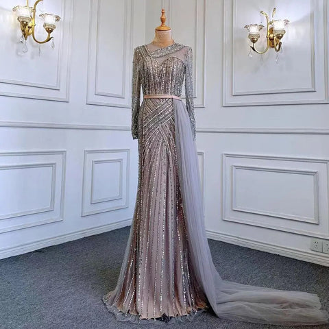 Robe de soirée sirène dorée élégante et luxueuse à perles, style Dubaï, pour femmes musulmanes, tenue de mariage, 2025, LA71429 