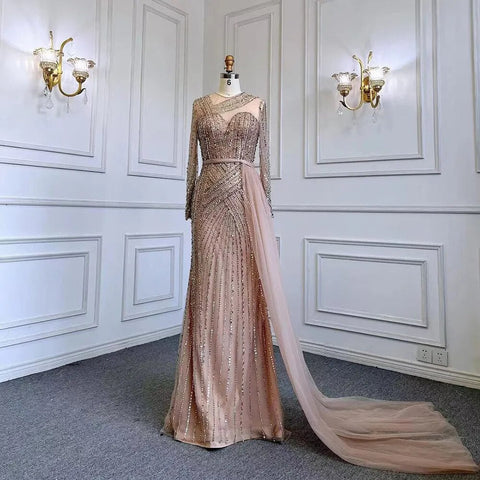 Robe de soirée sirène dorée élégante et luxueuse à perles, style Dubaï, pour femmes musulmanes, tenue de mariage, 2025, LA71429 