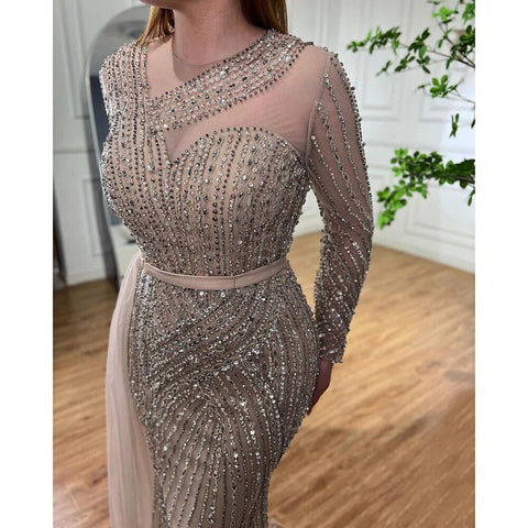 Robe de soirée sirène dorée élégante et luxueuse à perles, style Dubaï, pour femmes musulmanes, tenue de mariage, 2025, LA71429 