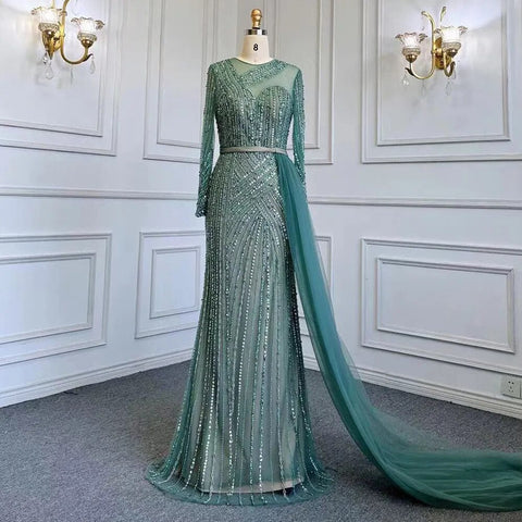 Robe de soirée sirène dorée élégante et luxueuse à perles, style Dubaï, pour femmes musulmanes, tenue de mariage, 2025, LA71429 