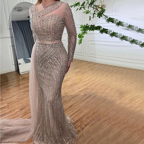 Robe de soirée sirène dorée élégante et luxueuse à perles, style Dubaï, pour femmes musulmanes, tenue de mariage, 2025, LA71429 