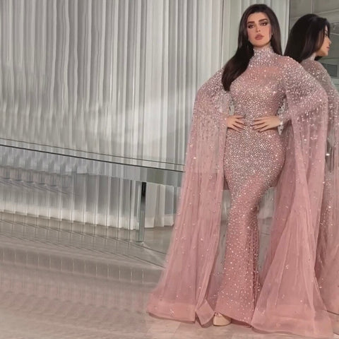 Robe de soirée longue style sirène dorée, élégante, manches cape, perles, luxueuse, Dubaï, 2025, pour femme, LA71990 