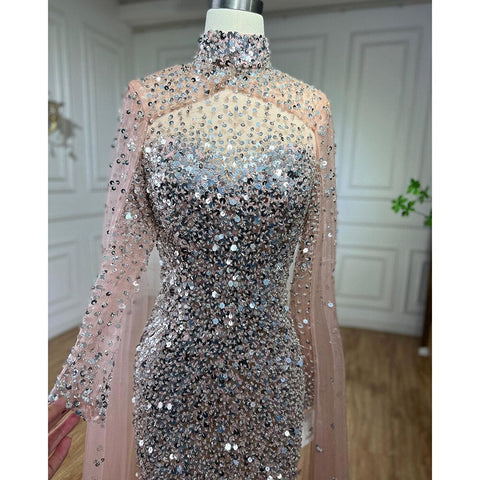 Robe de soirée longue style sirène dorée, élégante, manches cape, perles, luxueuse, Dubaï, 2025, pour femme, LA71990 
