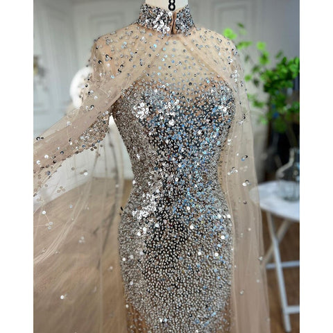 Robe de soirée longue style sirène dorée, élégante, manches cape, perles, luxueuse, Dubaï, 2025, pour femme, LA71990 
