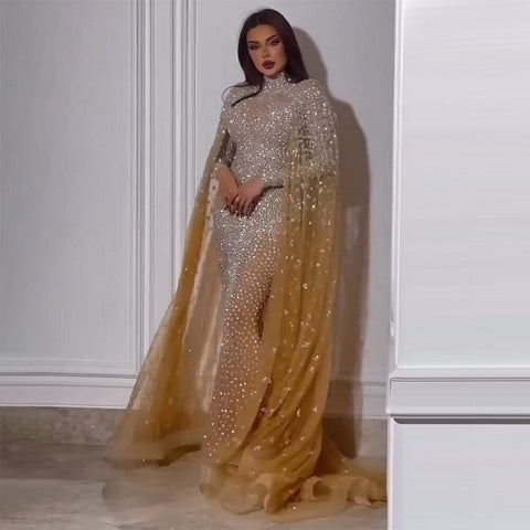 Robe de soirée longue style sirène dorée, élégante, manches cape, perles, luxueuse, Dubaï, 2025, pour femme, LA71990 