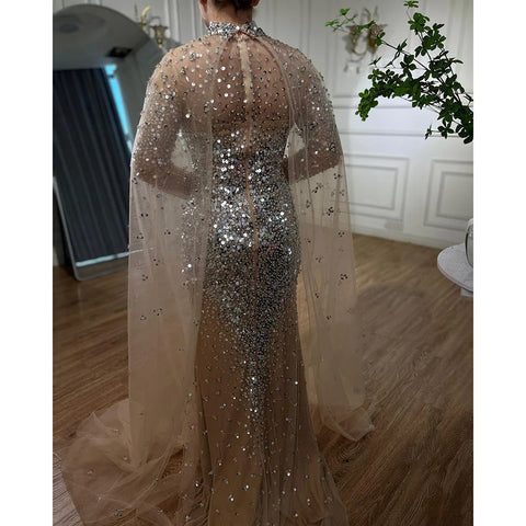 Robe de soirée longue style sirène dorée, élégante, manches cape, perles, luxueuse, Dubaï, 2025, pour femme, LA71990 