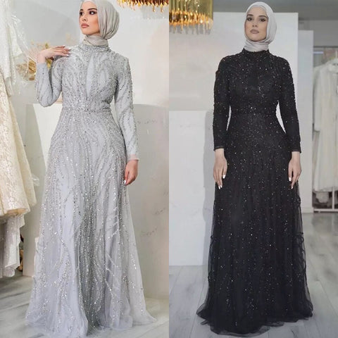On Sale no return no refund Muslim Gold Mermaid Elegant Luxury Evening Dresses Gowns High Neck Beaded 2025 For Women Party LA71682