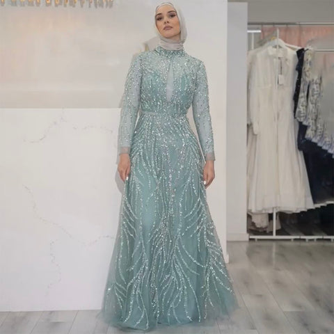 On Sale no return no refund Muslim Gold Mermaid Elegant Luxury Evening Dresses Gowns High Neck Beaded 2025 For Women Party LA71682