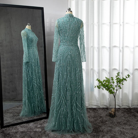 On Sale no return no refund Muslim Gold Mermaid Elegant Luxury Evening Dresses Gowns High Neck Beaded 2025 For Women Party LA71682