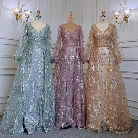 Robe de soirée sirène dorée, élégante, manches bouffantes, col en V, luxueuse, ornée de perles, pour femmes musulmanes, LA71761, 2025 