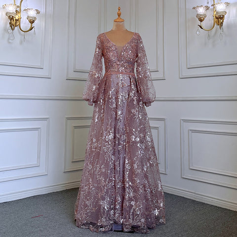 Robe de soirée sirène dorée, élégante, manches bouffantes, col en V, luxueuse, ornée de perles, pour femmes musulmanes, LA71761, 2025 