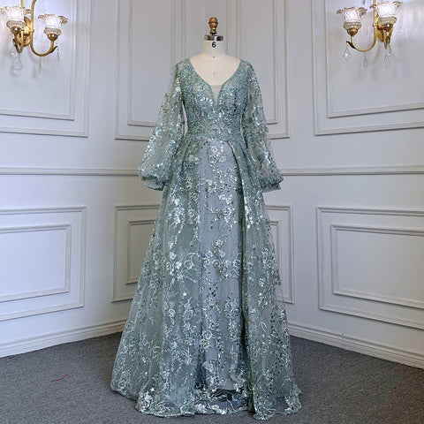 Robe de soirée sirène dorée, élégante, manches bouffantes, col en V, luxueuse, ornée de perles, pour femmes musulmanes, LA71761, 2025 