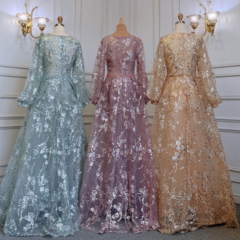 Robe de soirée sirène dorée, élégante, manches bouffantes, col en V, luxueuse, ornée de perles, pour femmes musulmanes, LA71761, 2025 