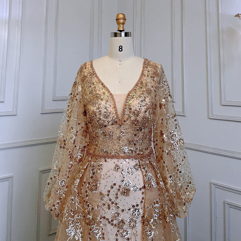 Robe de soirée sirène dorée, élégante, manches bouffantes, col en V, luxueuse, ornée de perles, pour femmes musulmanes, LA71761, 2025 