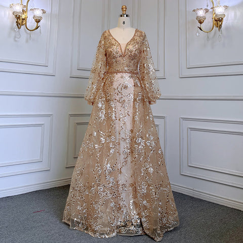 Robe de soirée sirène dorée, élégante, manches bouffantes, col en V, luxueuse, ornée de perles, pour femmes musulmanes, LA71761, 2025 