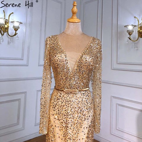 Robe de soirée sirène dorée musulmane, luxueuse et élégante, avec plumes et perles, pour femmes, LA71475, 2025 