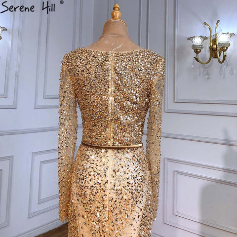 Robe de soirée sirène dorée musulmane, luxueuse et élégante, avec plumes et perles, pour femmes, LA71475, 2025 
