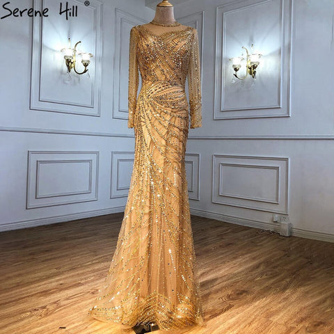 Robe de soirée sirène dorée musulmane, luxueuse et élégante, avec ceintures perlées, pour femmes, LA71140 