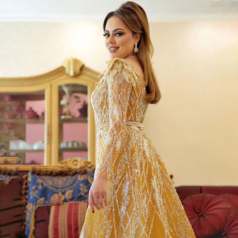 Robe de soirée sirène dorée musulmane avec jupe perlée, luxueuse robe de soirée de Dubaï, pour femmes, fête de mariage, LA72211, 2025 