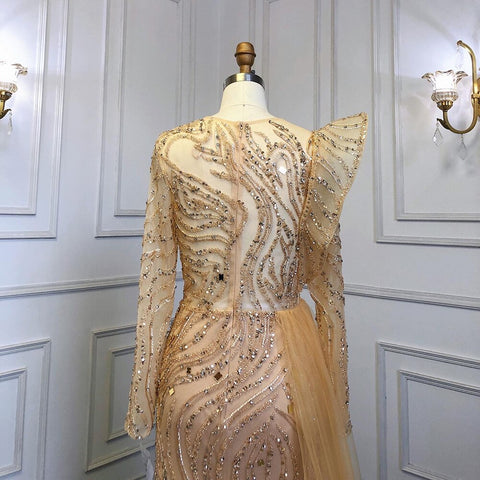 Robe de soirée musulmane luxueuse, dorée, avec jupe perlée, en sirène, élégante, pour femmes, modèle LA71528, 2025 