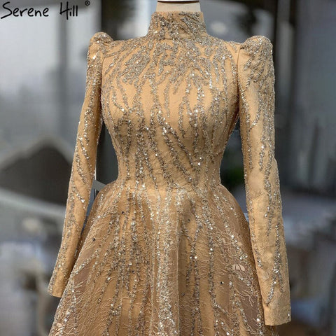 Robe de soirée musulmane dorée scintillante, longueur cheville, perles, coupe trapèze, pour femmes, LA70996, 2025 