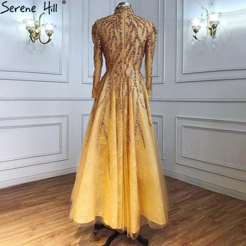 Robe de soirée musulmane dorée scintillante, longueur cheville, perles, coupe trapèze, pour femmes, LA70996, 2025 