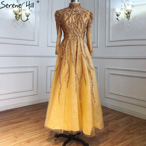Robe de soirée musulmane dorée scintillante, longueur cheville, perles, coupe trapèze, pour femmes, LA70996, 2025 