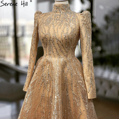 Robe de soirée musulmane dorée scintillante, longueur cheville, perles, coupe trapèze, pour femmes, LA70996, 2025 