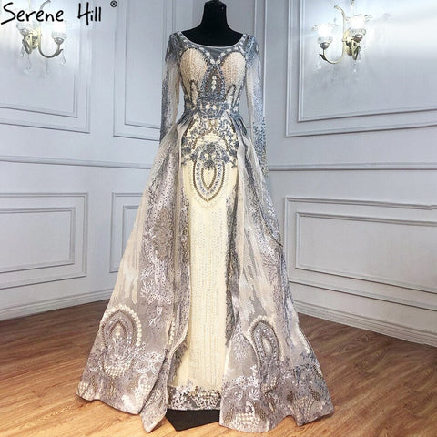 Robe de soirée musulmane dorée avec jupe, luxueuse robe en dentelle et perles de cristal, pour femme, LA71170, 2025 