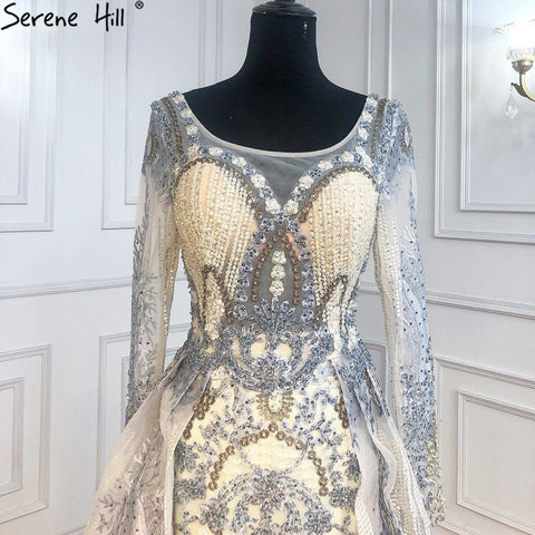 Robe de soirée musulmane dorée avec jupe, luxueuse robe en dentelle et perles de cristal, pour femme, LA71170, 2025 