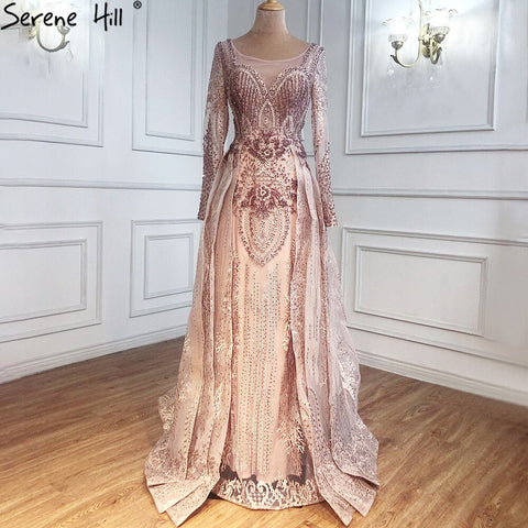 Robe de soirée musulmane dorée avec jupe, luxueuse robe en dentelle et perles de cristal, pour femme, LA71170, 2025 