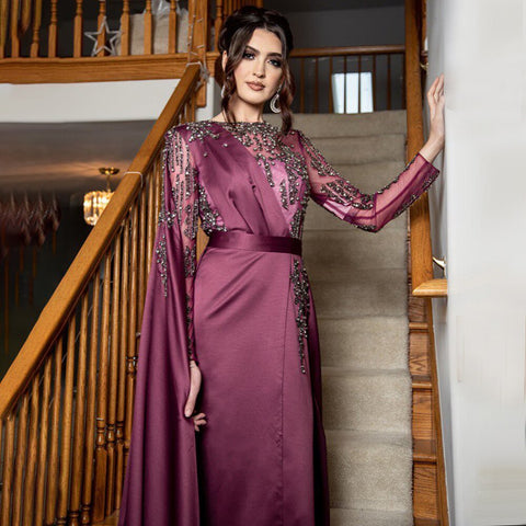 Robe de soirée musulmane violette luxueuse, fendue sur le côté, en satin, pour femme, LA71456, 2025 