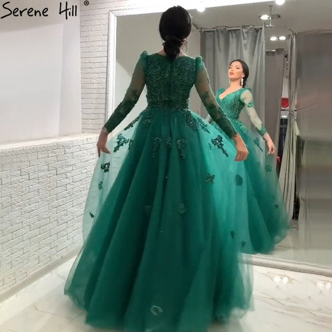 Robe de soirée trapèze verte musulmane, luxueuse, en dentelle et perles, pour femme, modèle LA71068, 2025 