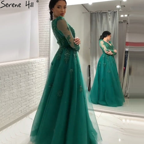 Robe de soirée trapèze verte musulmane, luxueuse, en dentelle et perles, pour femme, modèle LA71068, 2025 