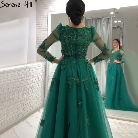 Robe de soirée trapèze verte musulmane, luxueuse, en dentelle et perles, pour femme, modèle LA71068, 2025 