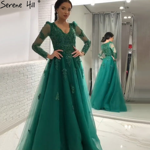 Robe de soirée trapèze verte musulmane, luxueuse, en dentelle et perles, pour femme, modèle LA71068, 2025 