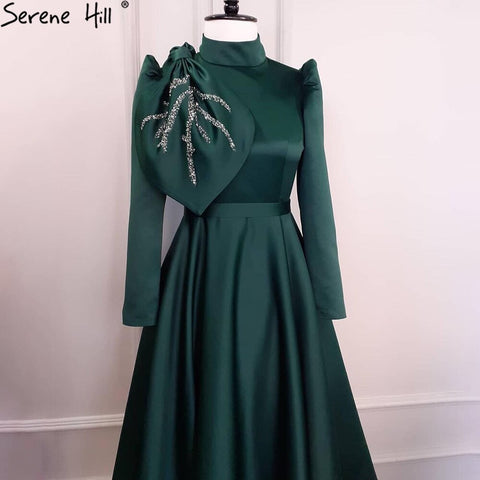 Robe de soirée trapèze verte musulmane, en satin perlé, pour femme, tenue de mariage, LA71115, 2025 