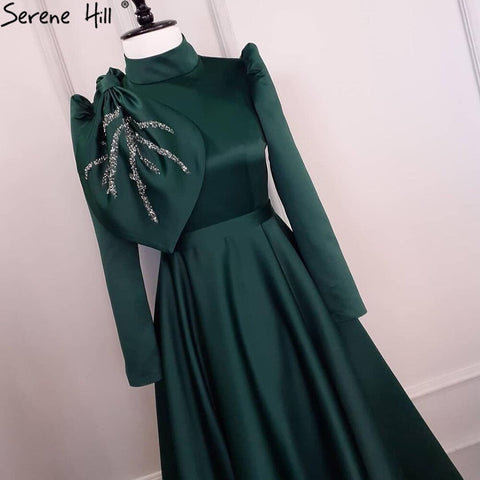Robe de soirée trapèze verte musulmane, en satin perlé, pour femme, tenue de mariage, LA71115, 2025 