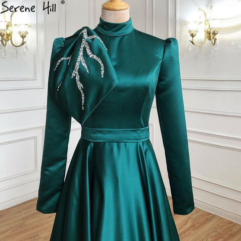 Robe de soirée trapèze verte musulmane, en satin perlé, pour femme, tenue de mariage, LA71115, 2025 
