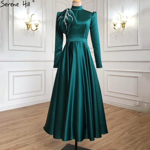 Robe de soirée trapèze verte musulmane, en satin perlé, pour femme, tenue de mariage, LA71115, 2025 