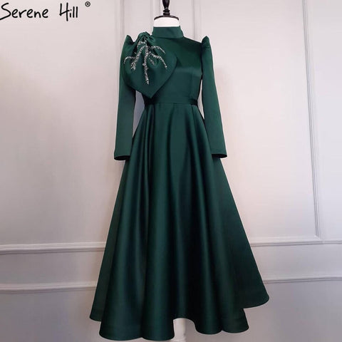 Robe de soirée trapèze verte musulmane, en satin perlé, pour femme, tenue de mariage, LA71115, 2025 