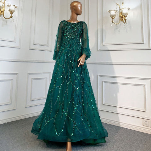 Robe de soirée de luxe verte style musulman, coupe trapèze, col rond, manches bouffantes, perles, sexy, formelle, pour femme, LA71049A, 2025 