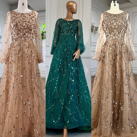 Robe de soirée de luxe verte style musulman, coupe trapèze, col rond, manches bouffantes, perles, sexy, formelle, pour femme, LA71049A, 2025 