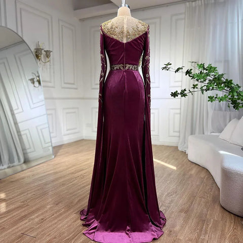 Robe de soirée musulmane verte à manches cape, élégante robe sirène en velours perlé pour femmes, LA71452, 2025 
