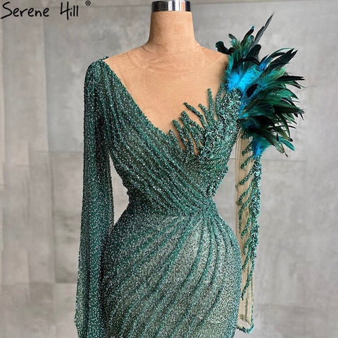 Robe de soirée élégante verte musulmane, style sirène, avec plumes et perles, pour femmes, pour mariage, LA71194, 2025 