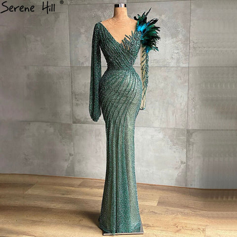 Robe de soirée élégante verte musulmane, style sirène, avec plumes et perles, pour femmes, pour mariage, LA71194, 2025 